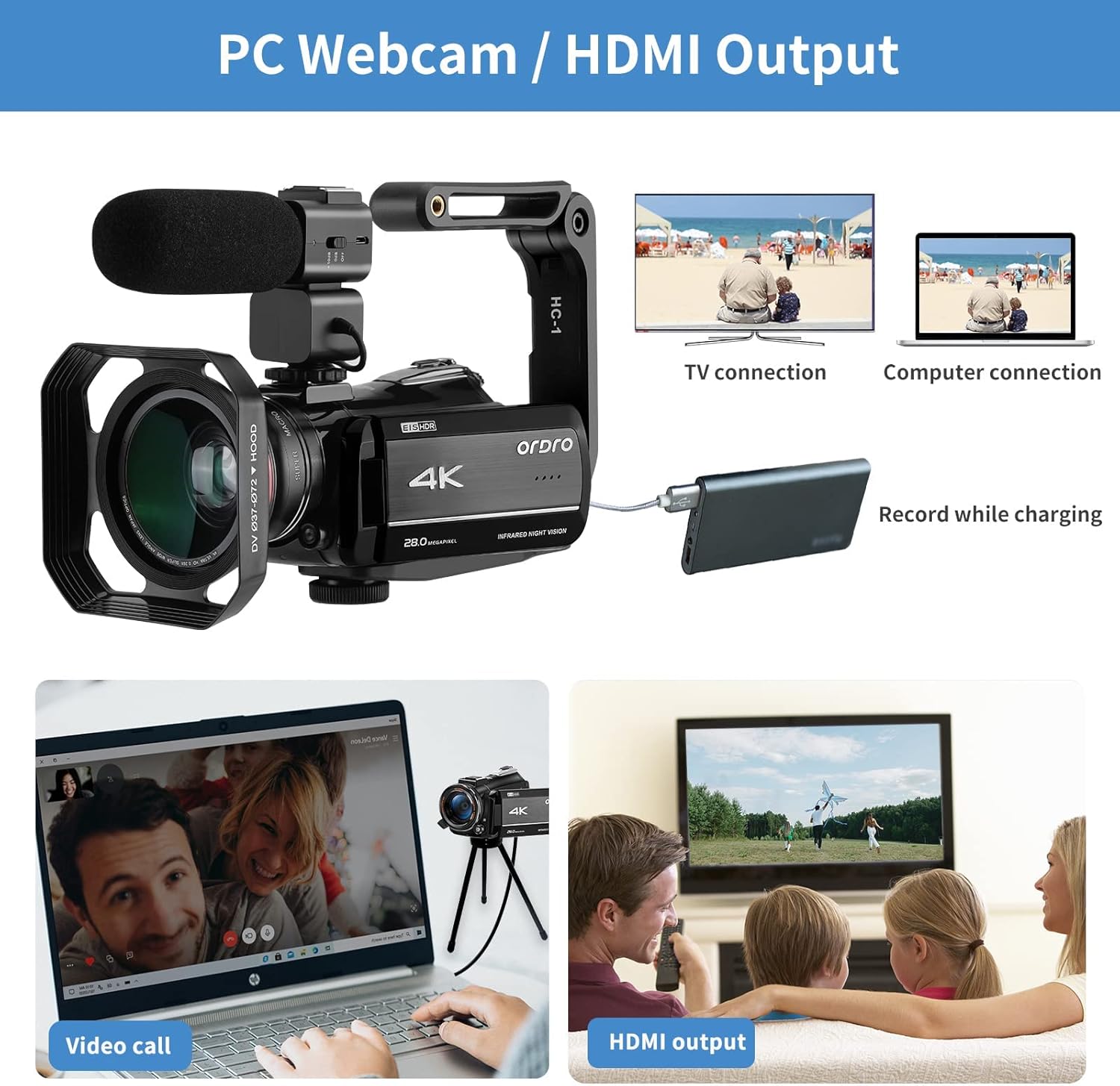 4K Video Camcorder ORDRO AZ30 1080P 60FPS Camera for YouTube, UHD 3'' IPS Screen 30X Zoom Infrared Night Vision Camcorder