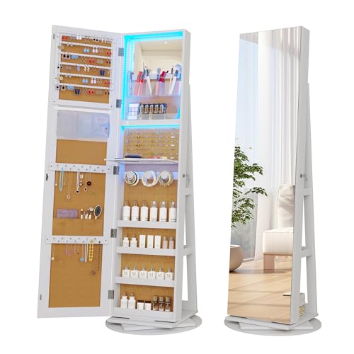 Vlsrka 360° Swivel Jewelry Cabinet with Lights, Jewelry Armoire with Full Length Mirror, Large Jewelry Armoire Organizer