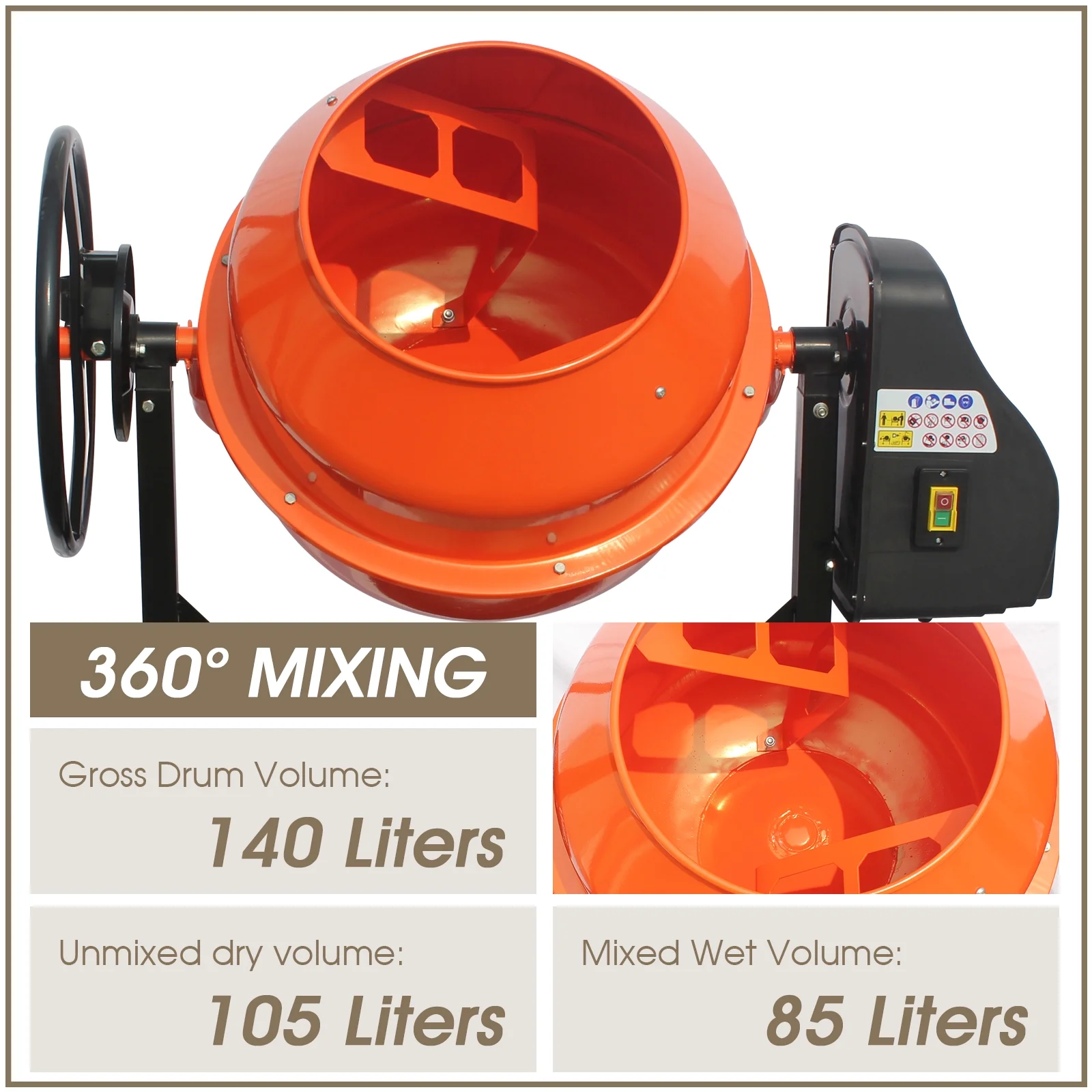 Oarlike 4/5HP Electric Concrete Cement Mixer 5 Cu Ft Mortar Mixing Stucco Seeds Portable Barrow Machine - Radiant Selections
