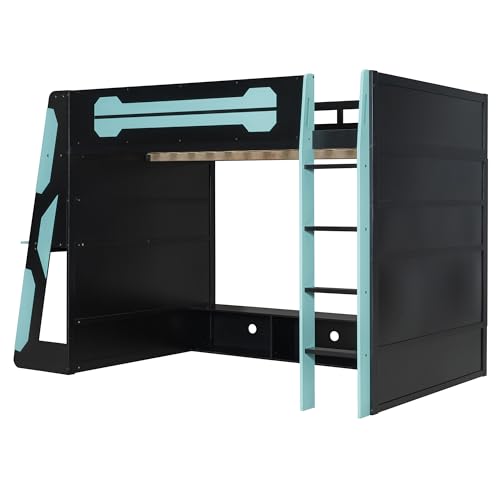 Modern Full Size Gaming Loft Bed with Built-in Desk and Storage Wardrobe, Wood Loft Bed Frame with Light Strip and 2 Drawers