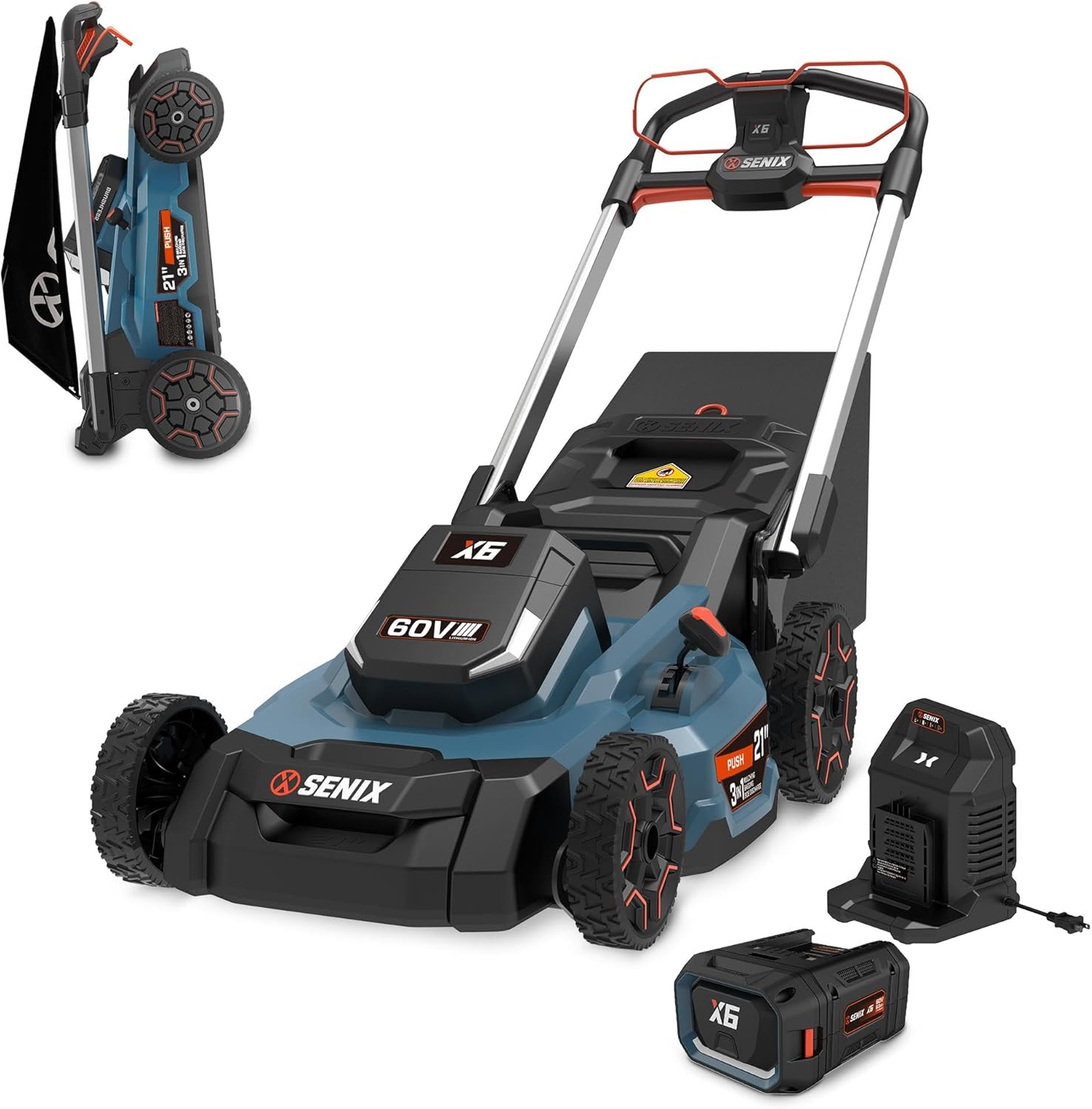 SENIX X6 60 Volt Max* 21-Inch 3-in-1 Cordless Push Lawn Mower, with Bagging, Mulching, and Side Discharge, Height Adjustment, Smart Display