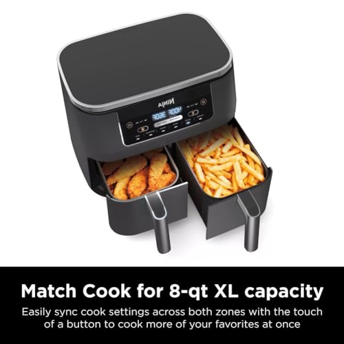 Ninja DZ401 Foodi 10 Quart 6-in-1 DualZone XL 2-Basket Air Fryer with 2 Independent Frying Baskets, Match Cook & Smart Finish to Roast, Broil