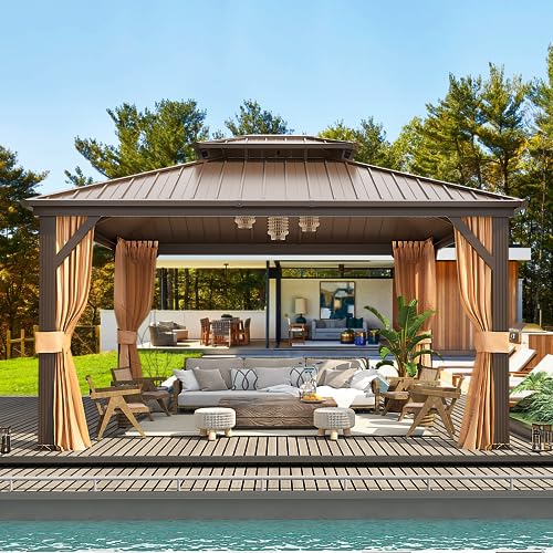 MELLCOM 10'x13' Hardtop Gazebo with Polycarbonate Double Roof, Aluminum Frame Outdoor Gazebo Permanent Pavilion with Curtains and Netting for Patio
