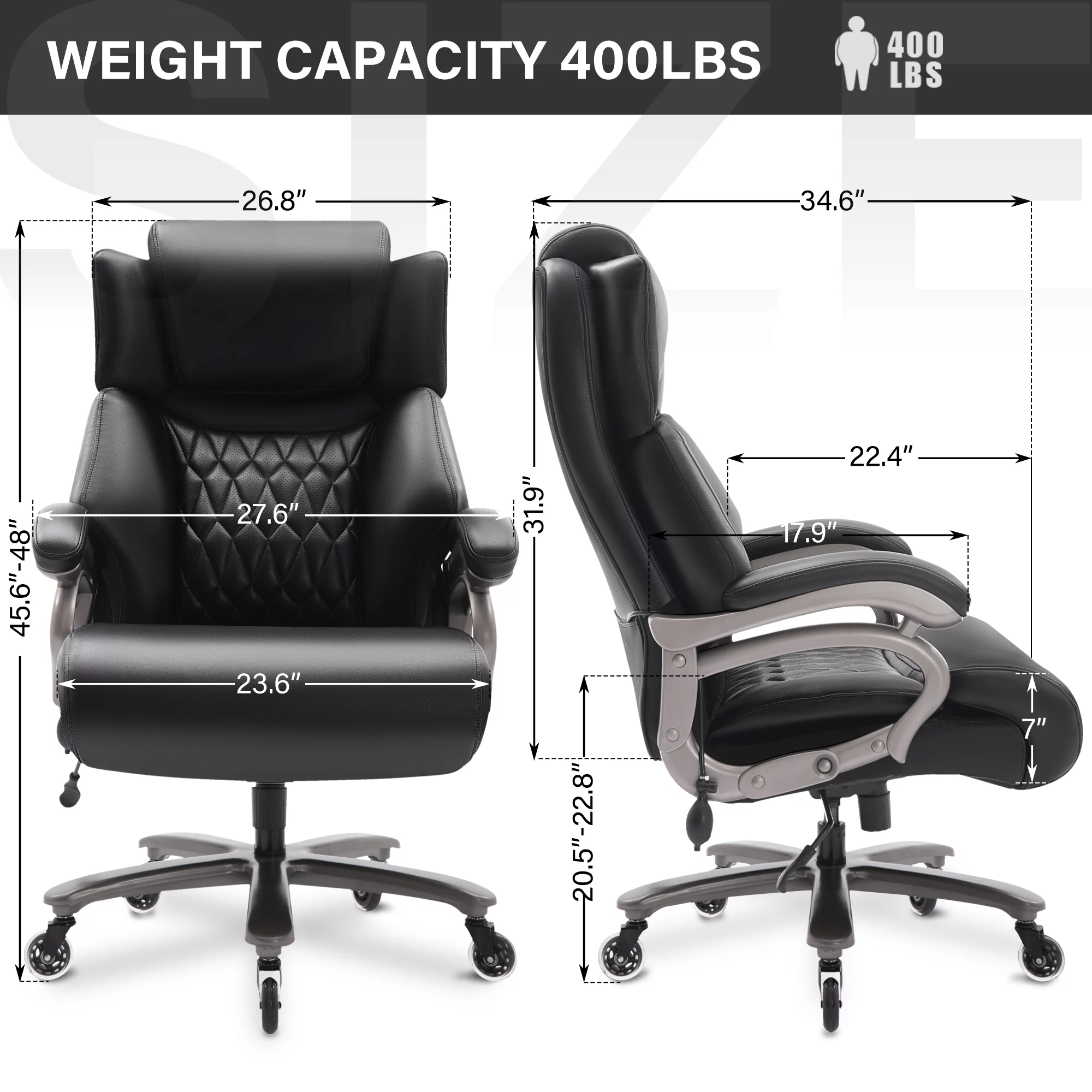 Big and Tall Office Chair 400lbs, Ergonomic High Back Computer Desk Chair, Heavy Duty Leather Executive Office Chair With Adjustable Lumbar Support