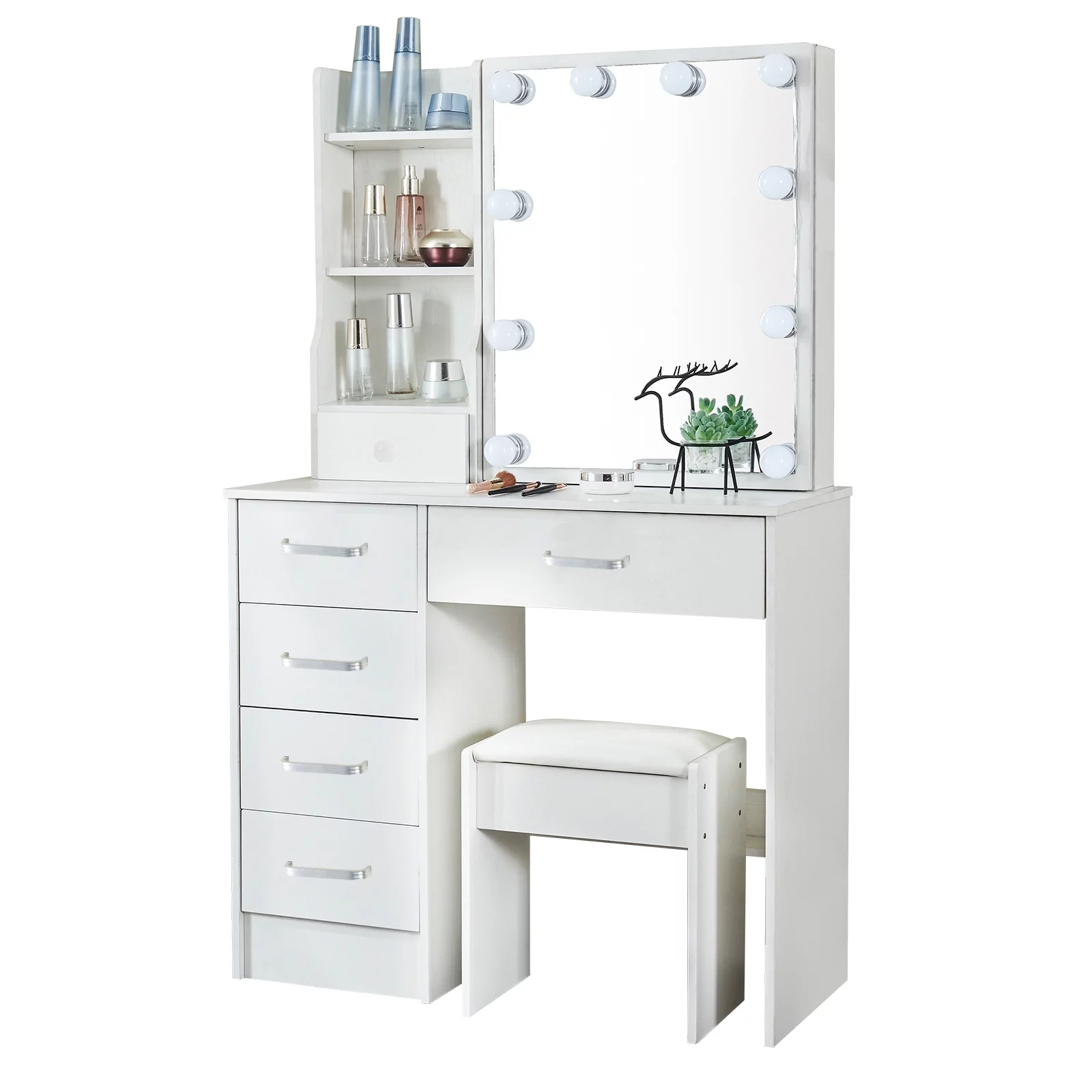 Yamissi Modern Vanity Desk for Bedroom, Makeup Vanity with LED Lighted Sliding Mirror and Stool, Vanity Table with Storage Shelves and Drawers, White