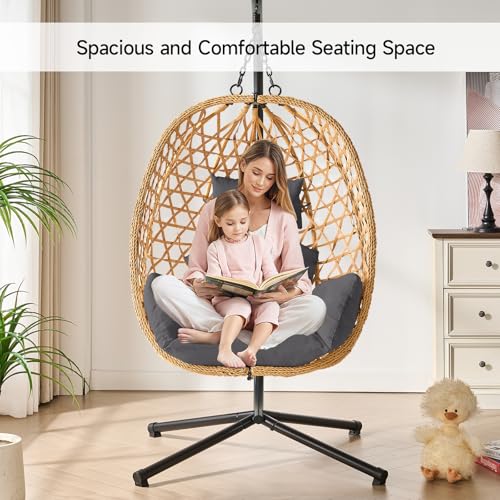 Egg Chair with Stand, Wicker Rattan Swing Hammock Chair with Fine Lace & Cushion, Hanging Chair with Double Chains