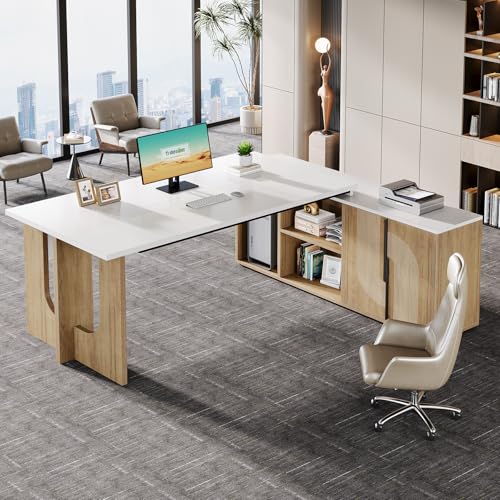Tribesigns 74.8" Executive Desk, Large Office Desk with Cabinet, L Shaped Computer Desk with Shelves and CPU Storage