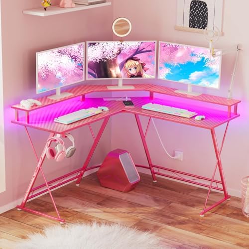 SEVEN WARRIOR Gaming Desk 50.4” with LED Light & Power Outlets, L-Shaped Gaming Desk Carbon Fiber Surface with Monitor Stand