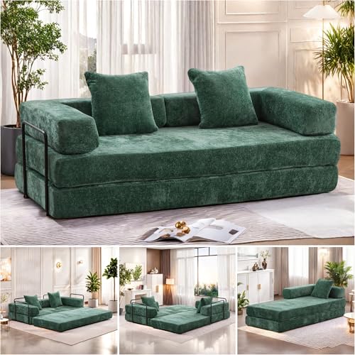 Convertible Floor Sofa Bed, Foldable Mattress Cloud Couch with Pillow Back & Armrest, Chenille Sleeper Sofa Bed with Fixed-Shape Frame