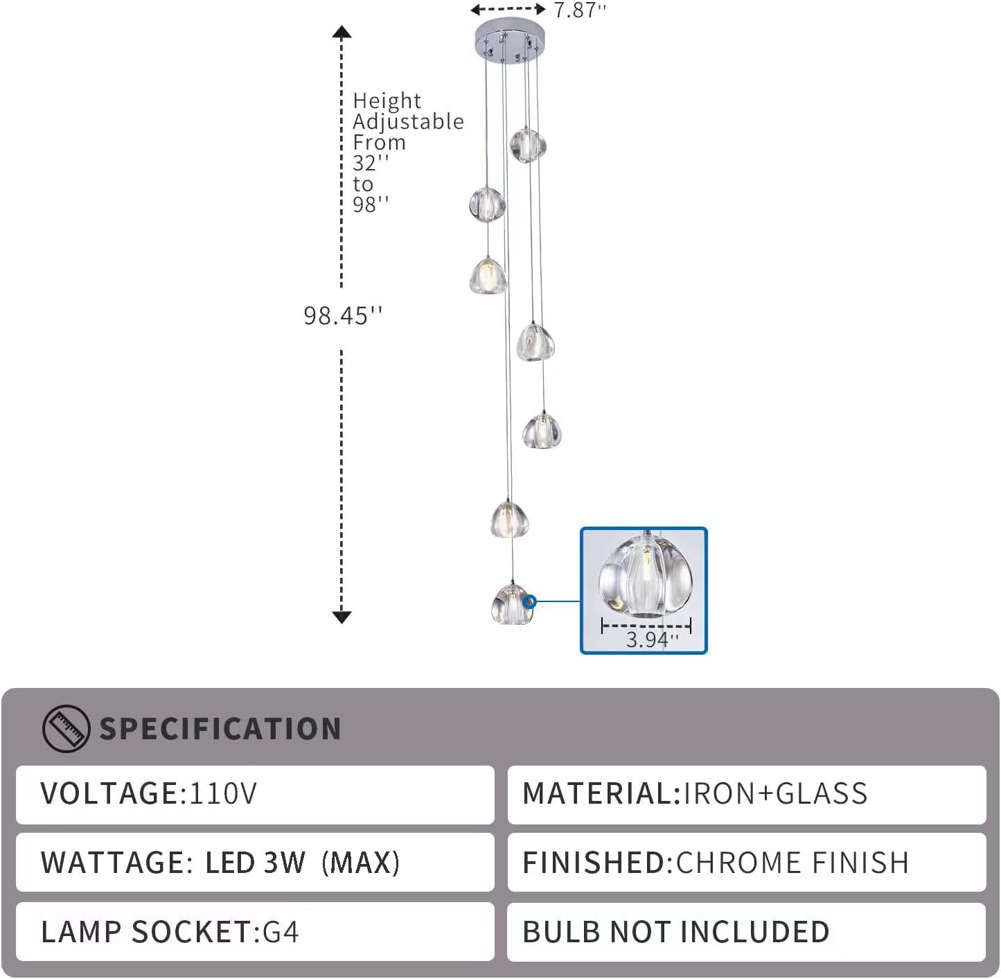 Modern Crystal Chandelier 7 Lights High Ceiling Chandelier Foyer Staircase Raindrop Ceiling Light Fixture Villa Crystal Ball Spiral Pendant Light for