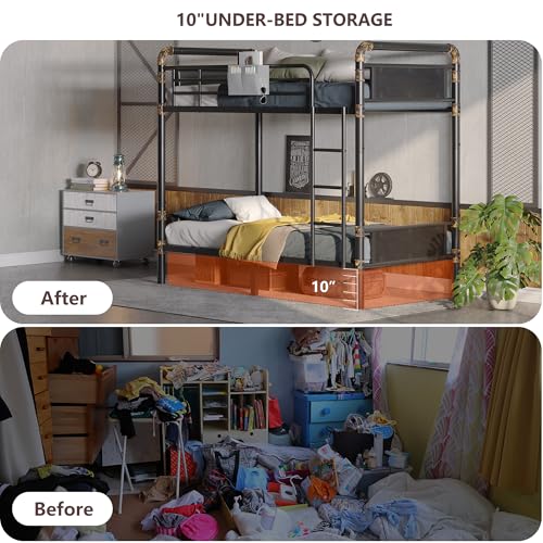 2 IN 1 Metal Bunk Bed Twin Over Twin, Convertible Twin Bunk Beds into 2 Individual Twin Size Bed for Kids Adults, 14.8" High Guard Rail