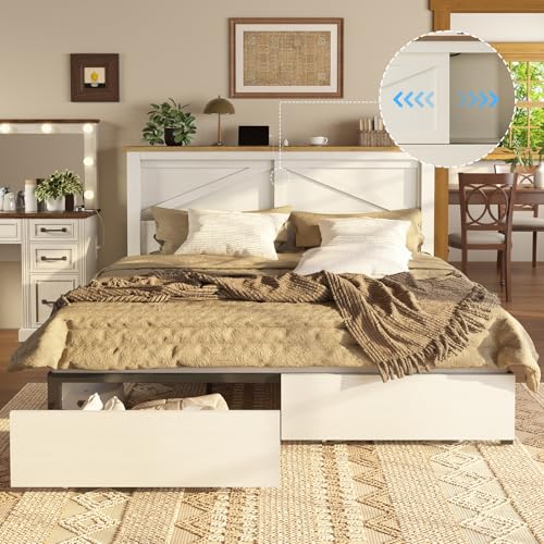 AMERLIFE 47.2" H King Bed Frame with Hidden Space Bookcase Headboard and Charging Station, Beds with 2 Storage Drawers and Wood Slats