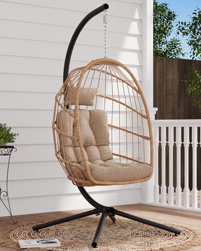 SWITTE Egg Chair Outdoor with Stand, Indoor Wicker Hanging Egg Swing Chair with Cushion, 350lbs Capacity for Patio, Bedroom, Garden - Gray