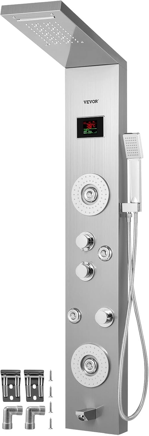 Happybuy 5 in1 Shower Panel Tower System Stainless Steel Multi-Function Shower Panel with Spout Rainfall Waterfall Massage Jets Tub Spout Hand Shower