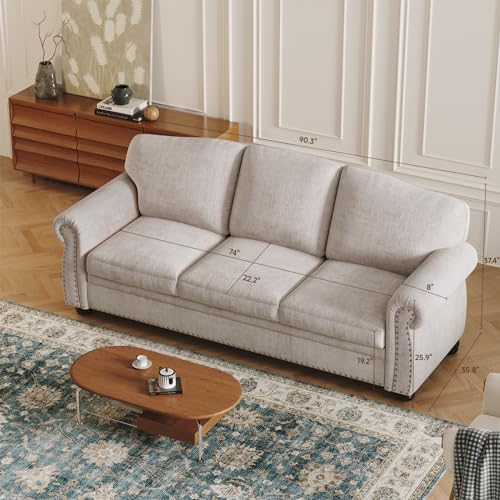 90 Inch Nailhead Trim Couch for Living Room, 23 Inch Deep Seat Rolled Arm Sofa, Comfy Upholstered 3 Seater Chenille Couch w/Wooden Leg