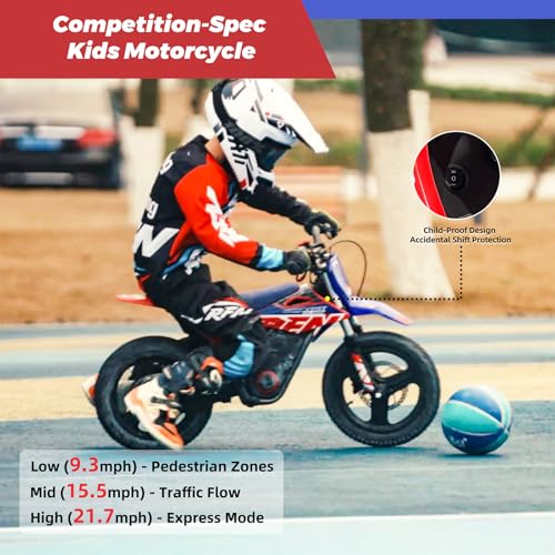 E500 36V Kids Electric Dirt Bike, Electric Motorcycle with 700W Motor | 21.7 mph Max Speed, 15.5-Mile Range & 3 Speeds Off-Road Bike for Ages 4-8