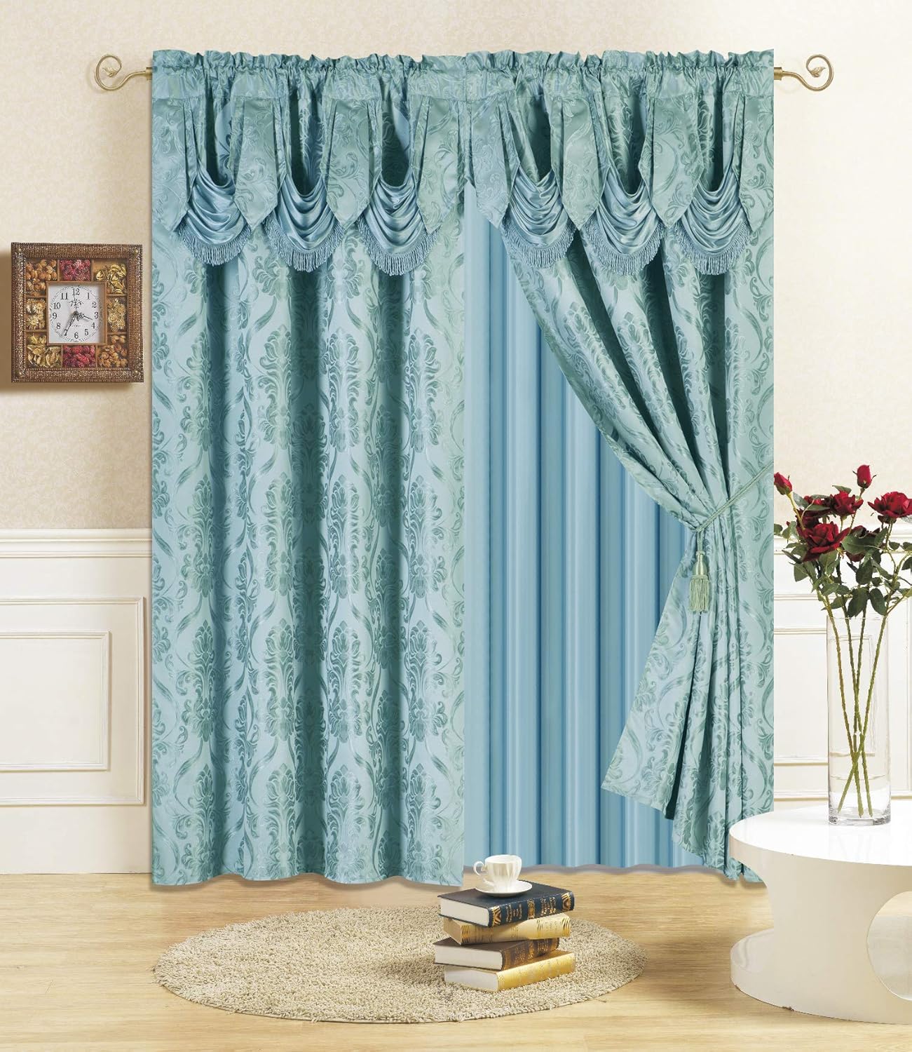 All American Collection New 4 Piece Drape Set with Attached Valance and Sheer with 2 Tie Backs Included (63" Length, Orange)
