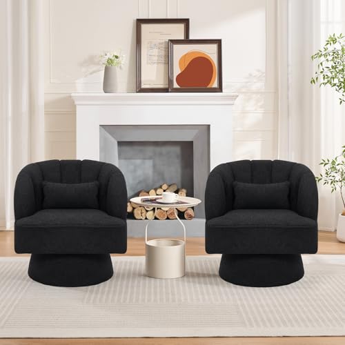 GarveeHome Modern Swivel Barrel Accent Chair, 360° Teddy Fabric Upholstered Armchair with Striped Backrest & Plush Padding