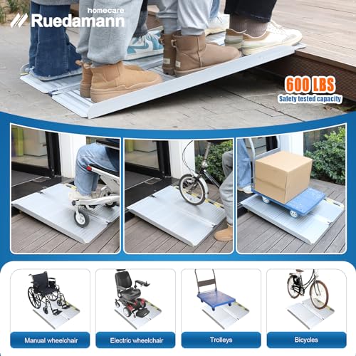 Ruedamann Aluminum Folding Threshold Ramp, 600 Pound Capacity, Anti-Skid Pad, Webbing Handle, Anti-Collision Mute Pad for Wheelchairs, Steps, Stairs