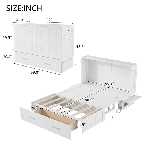 Queen Size Farmhouse Murphy Bed Cabinet with Charging Station, Foldable Platform Bed Frame with 2 Storage Drawers
