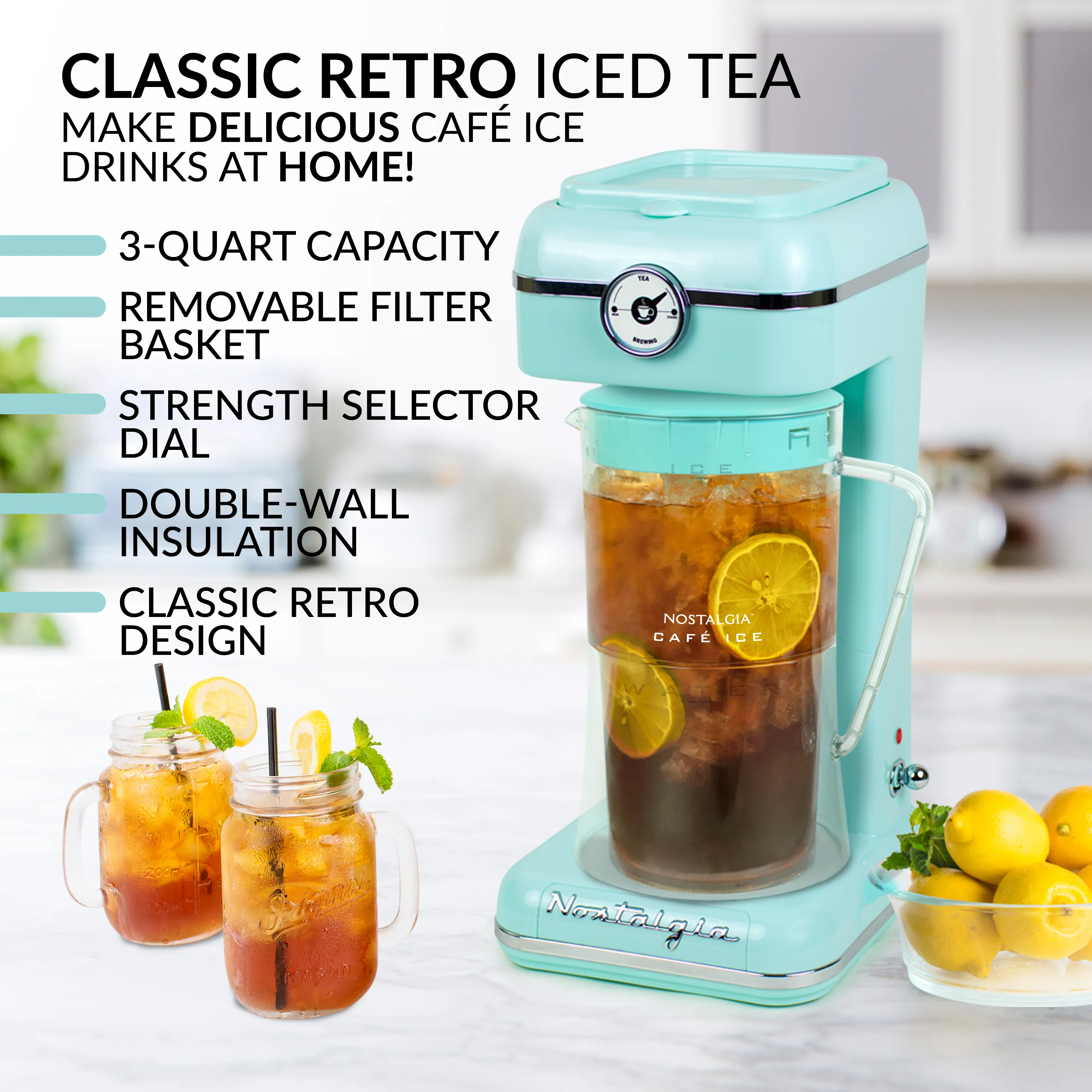 Classic Retro 3-Quart Iced Tea & Coffee Brewing System With Plastic Pitcher, Aqua