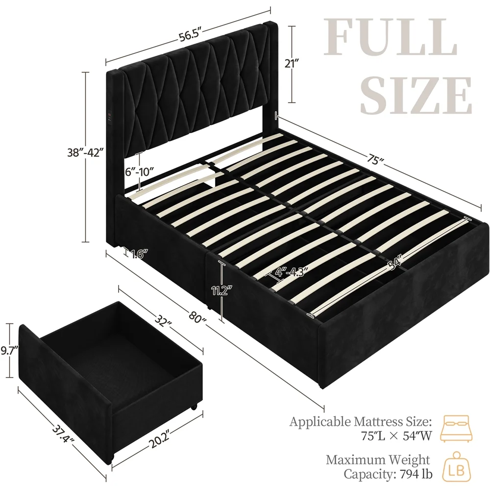 Topeakmart Modern Full Upholstered Bed with 4 Storage Drawers & Built-In USB Ports, Black
