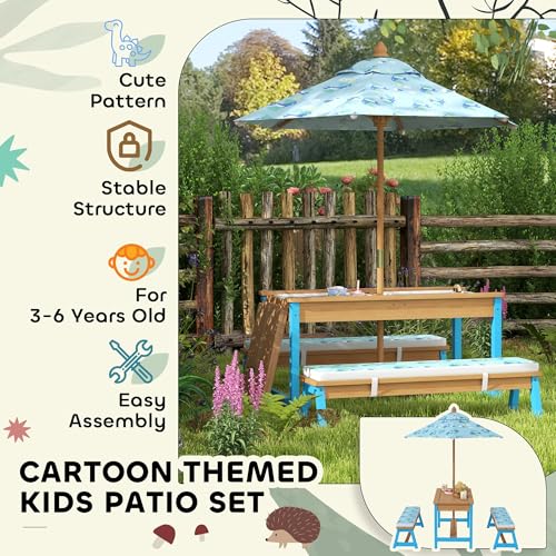 Qaba Kids Picnic Table, Wooden Table and Bench Set with Foldable Umbrella, Removable Cushions & Boxes