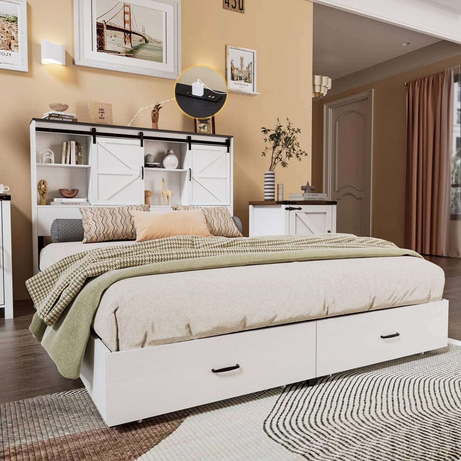 PAKASEPT Farmhouse Queen Size Wooden Platform Bed Frame with Bookcase Headboard Storage, Charging Station, and Sliding Barn Door, No Box Spring Needed