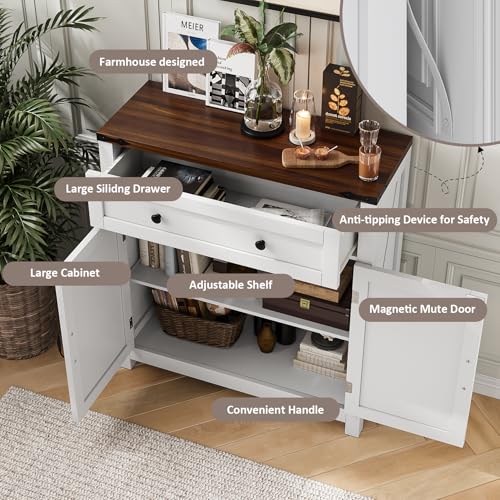 Farmhouse Storage Cabinet with 2 Doors, White Kitchen Cabinet with Walnut Countertop, Freestanding Floor Storage Cabinets Hutch Cupboard