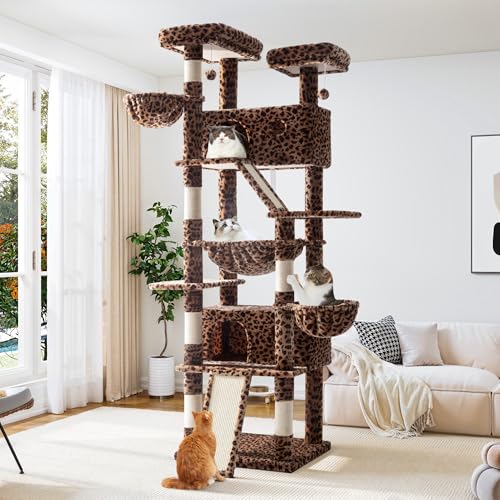 Allewie 81 Inches Tall Cat Tree/Multi-Level Large Climbing Tree House and Towers for Big Feline/Condo and Hammock/Scratching Post/Wide Base/Dark Grey