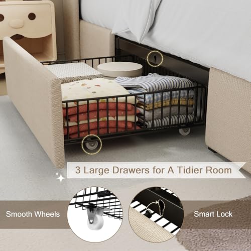 Queen Bed Frame with 4 Storage Drawers and Charging Station, Upholstered Platform Bed Frame with Storage Headboard, No Box Spring Needed