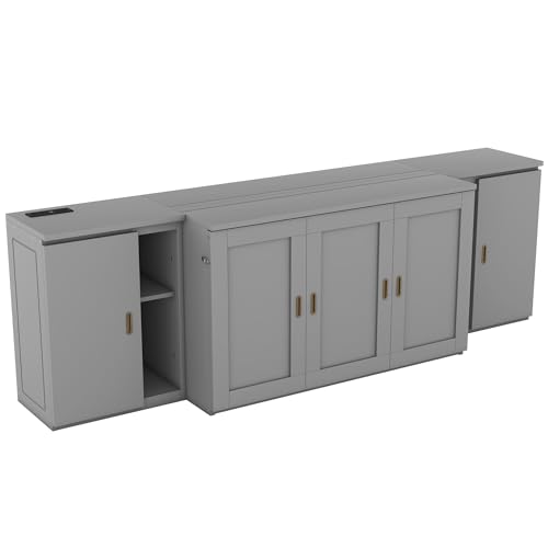 Full Size Murphy Cabinet Wall Bed With Storage and Bookcase Headboard, Solid Wood Cabinet With Shelves and USB Ports, Platform Floor for Home Office