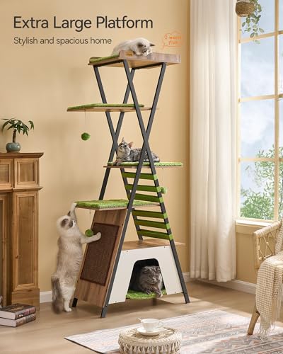 FourFurPets 72.4" Modern Cat Tower for Indoor Cats - Multi-Level Condo With Caves, Tall Tree With Scratching Board, Wooden Tower With Large Perch