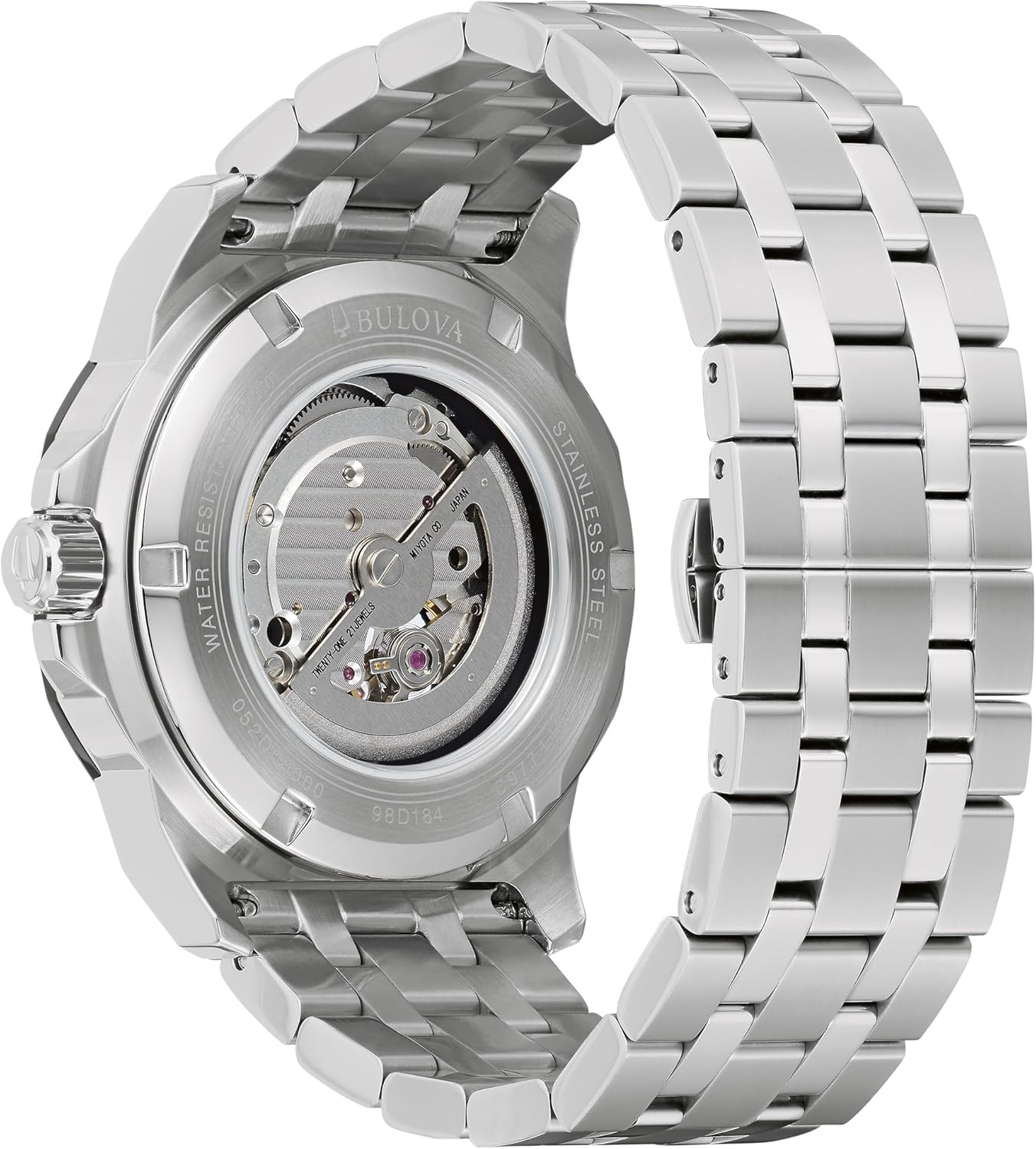 Bulova Marc Anthony Men's Automatic Marine Star Stainless Steel Watch,Open Aperture,Exhibition Case Back,Diamond Accent Blue Sunray Dial