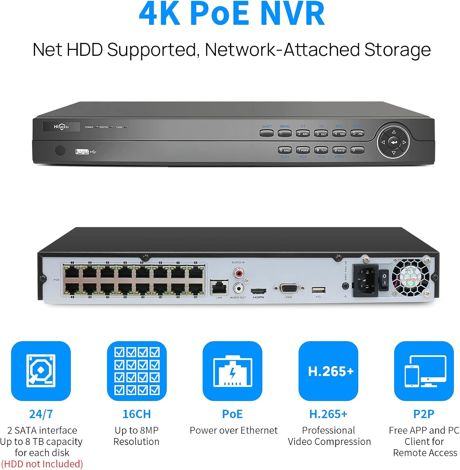 Hiseeu 4K 16CH PoE NVR, 8MP 16 Port Ultra HD Network Video Recorder,PoE Home Surveillance NVR for 4K/5MP/4MP/1080P IP Network Security Camera