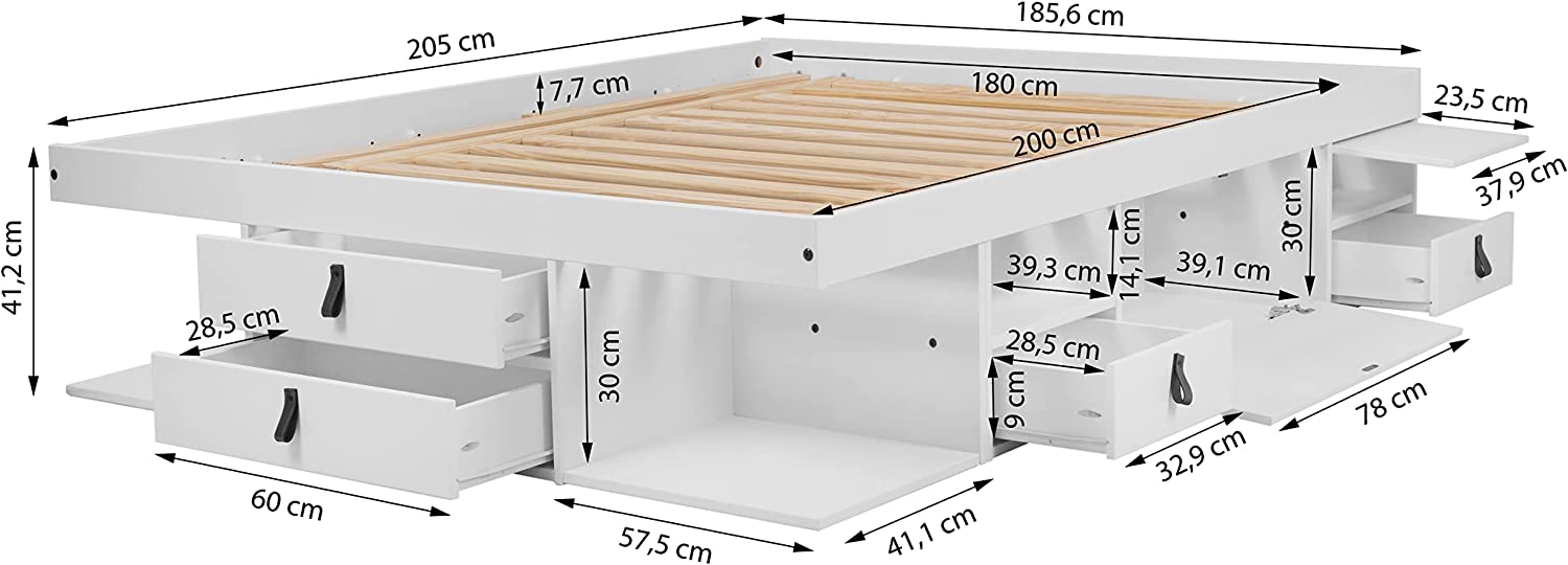Memomad Set Bali White: Storage Bed Super King 6FT (180x200 cm) + Headboard 205 + Slatted Frame. Sturdy double bed frame and headboard with drawers