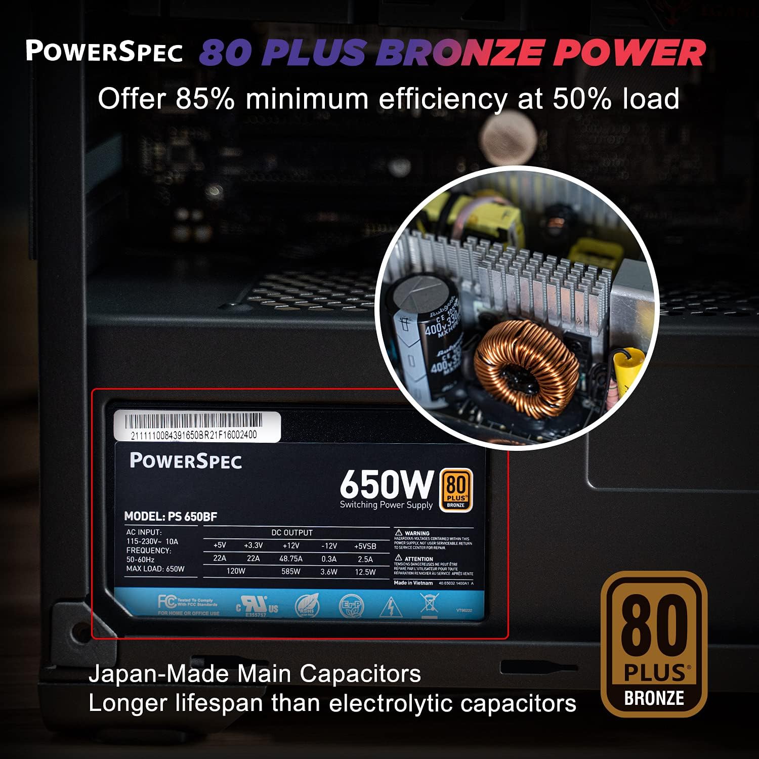 PowerSpec 650W Power Supply 80 Plus Bronze Certified Fixed Cable Non-Modular ATX PSU Active PFC SLI Crossfire Ready Gaming PC Computer Switching