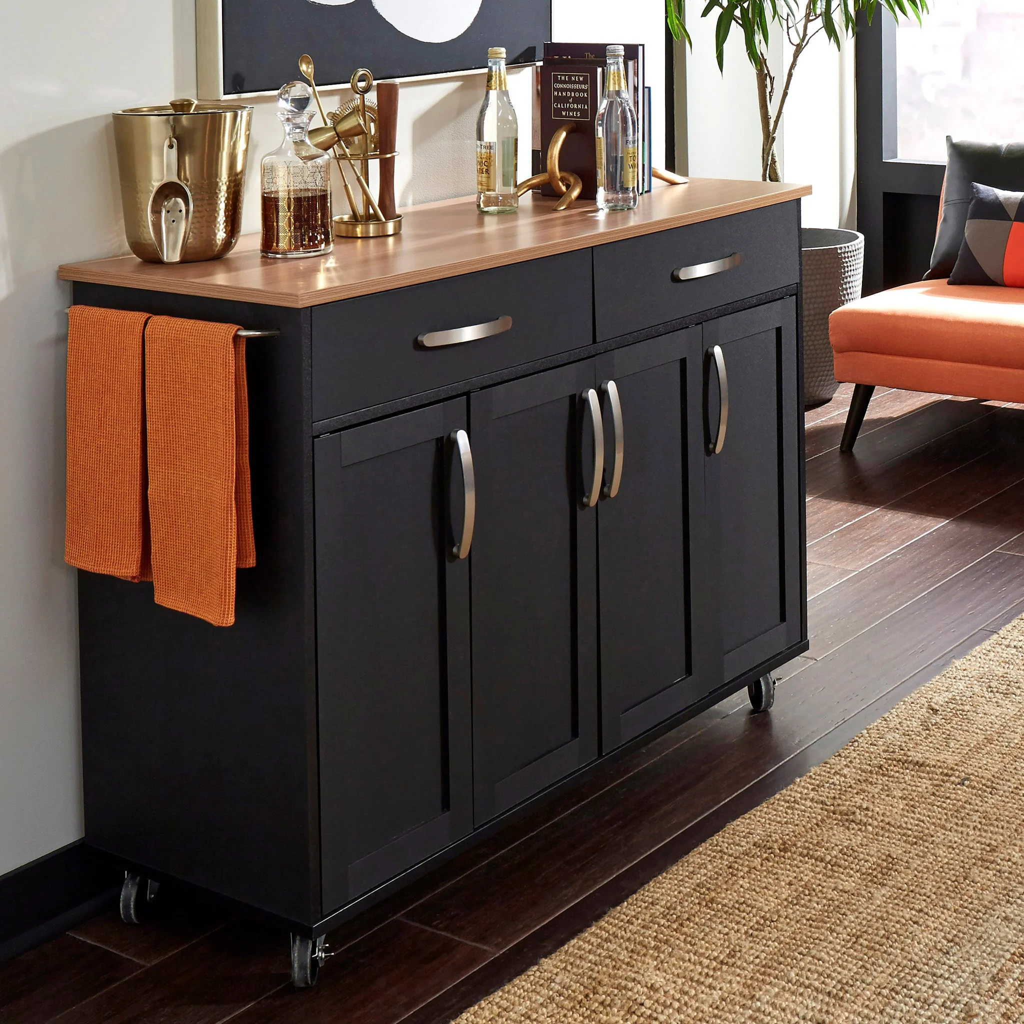 Homestyles Storage Plus Wood Kitchen Cart in Black