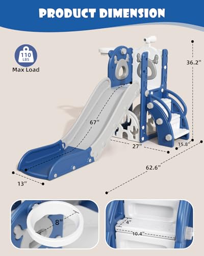 XJD 5 in 1 Toddler Slide, Kids Slide for Toddlers Age 1-3, Outdoor Indoor Playset for Toddlers with Basketball Hoop and Ball