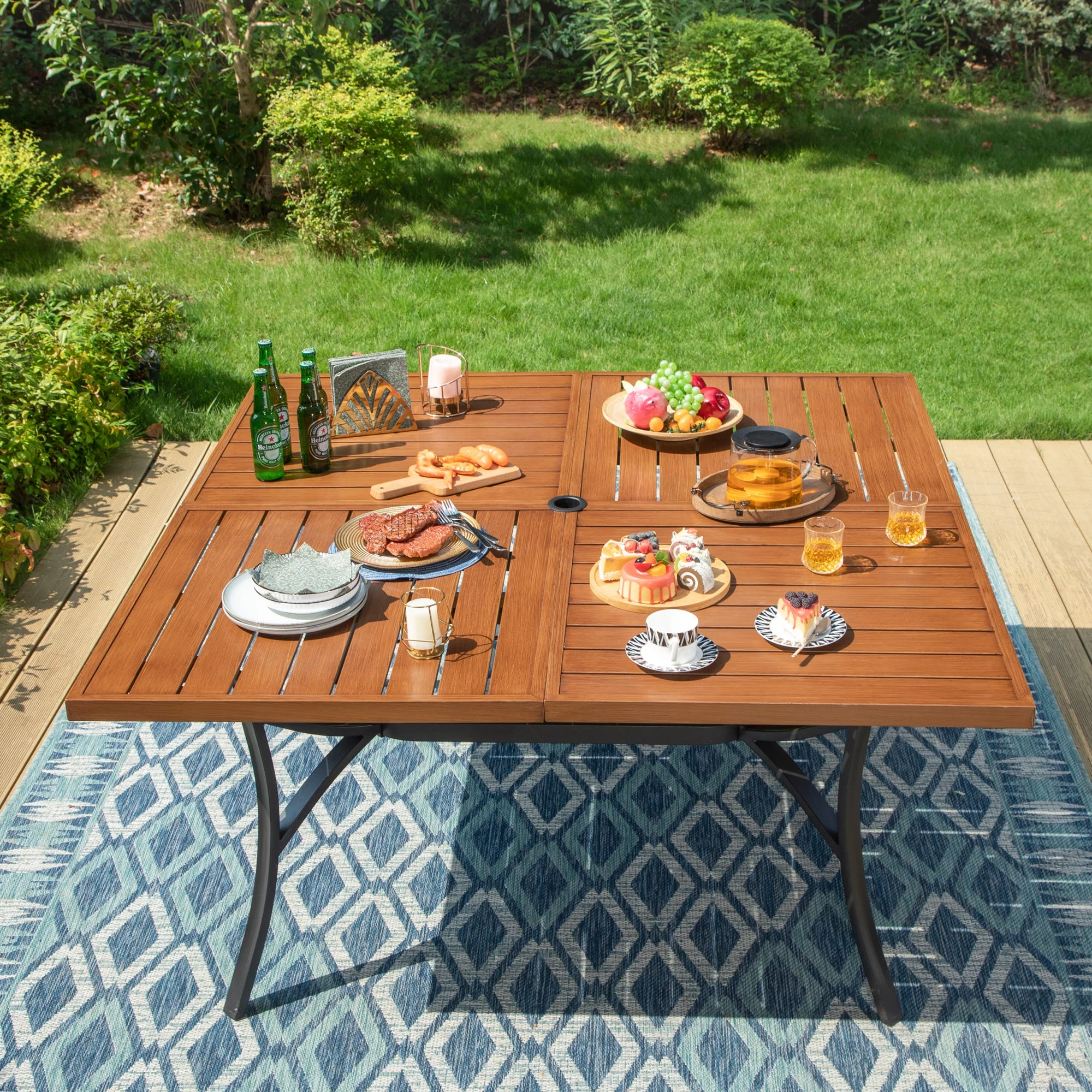 Summit Living 9-Piece Outdoor Dining Set with Wood Grain Table & Wicker Cushioned Chairs for 8-Person, Black & Beige