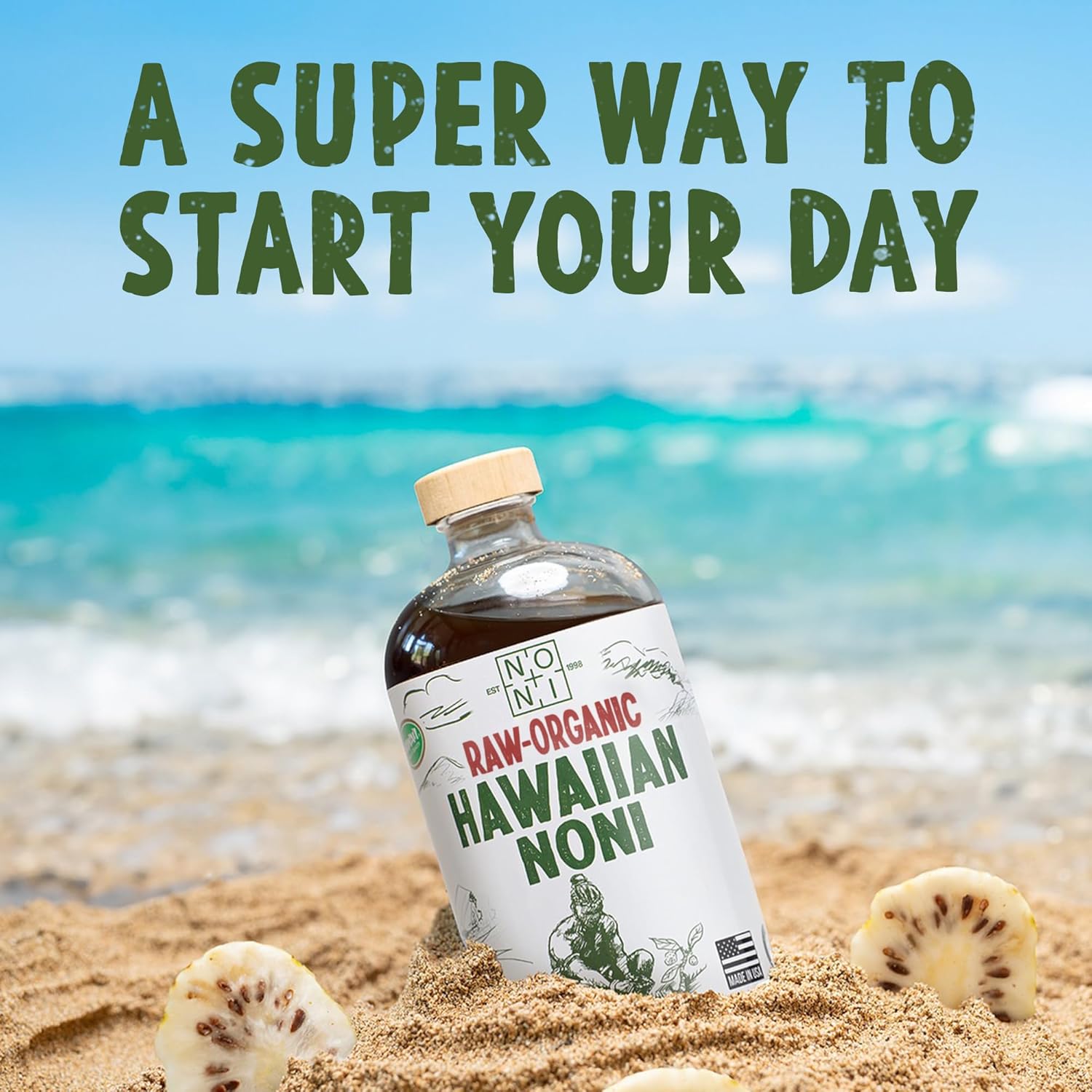 Healing Noni - 4-Pack Glass Bottle 32oz - 100% Pure Hawaiian Raw-Organic Juice - All-Natural Unsweetened Fresh Fruit - Farm Direct - USDA Certified
