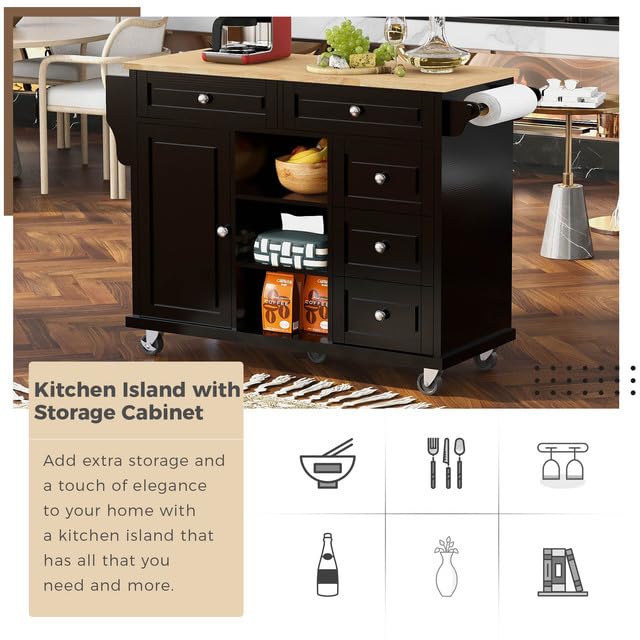 PULLAFUN Kitchen Island Cart with Solid Wood Top, Mobile Carts with Storage Cabinet, Rolling Kitchen Table with Spice Rack, Towel Rack