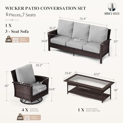 HERA'S HOUSE High Back Patio Furniture Set with Swivel Chairs, Outdoor Wicker Conversation Sets with 5.5" Comfy Cushions, 4 Piece Outside Sofa Sets
