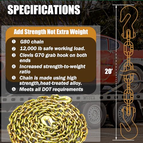 G80 Transport Binder Chain 5/16 Inch x 20 Foot | Tow Chain with Clevis Grab Hooks | 4