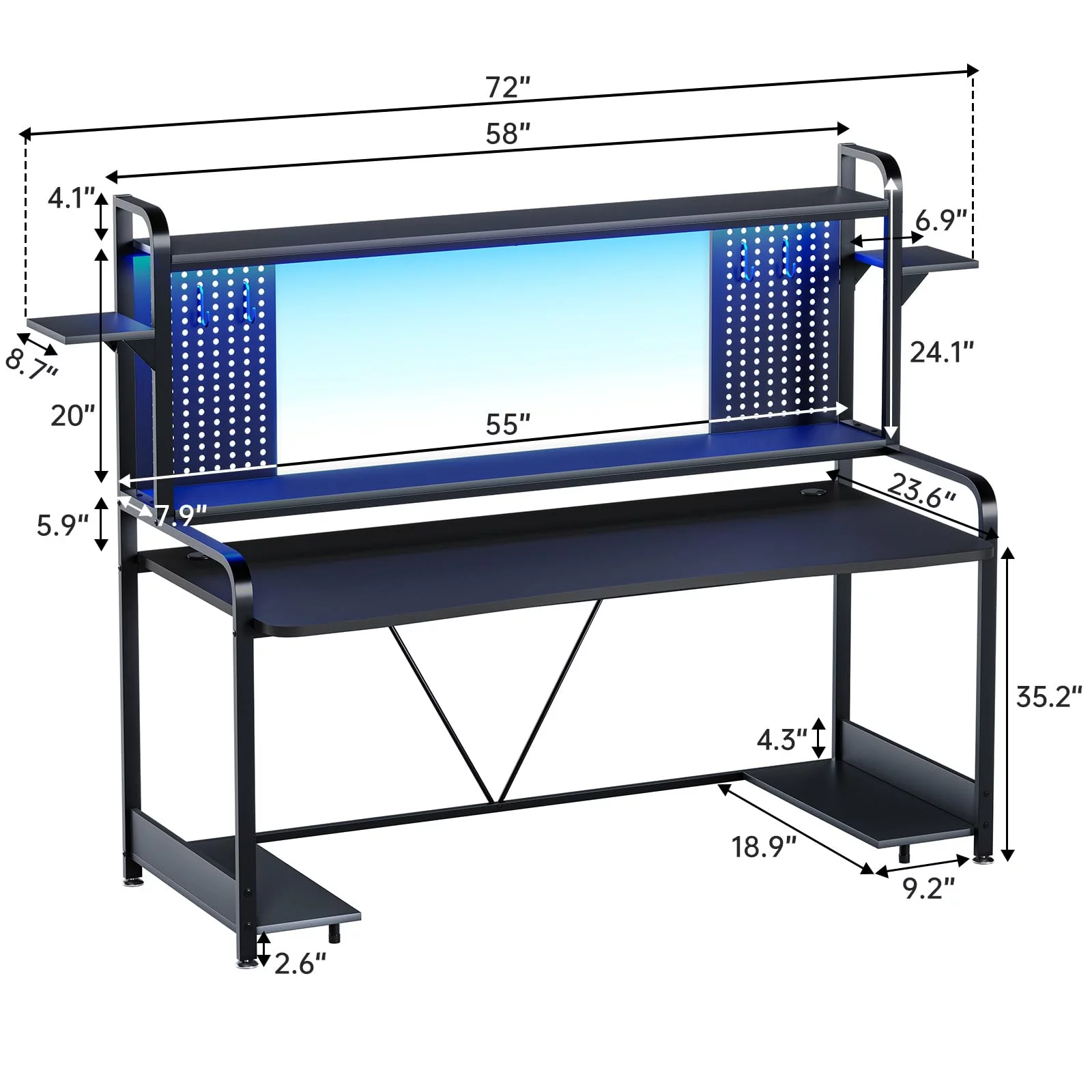 Black Gaming Desk, 55" Computer Desk with LED Lights, Hutch and Shelves, Large PC Gamer Desk Workstation for Home Office