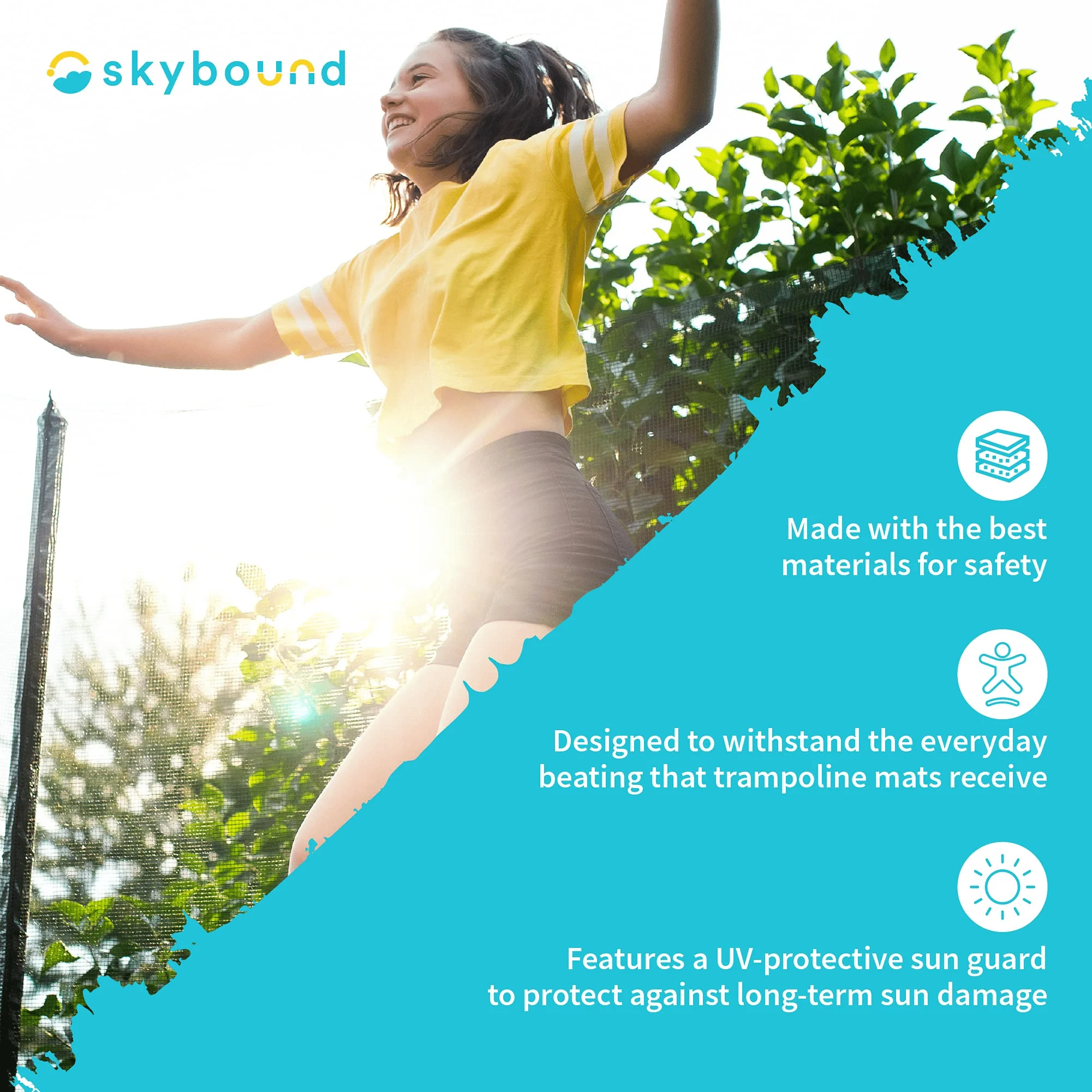 SkyBound Premium Trampoline Replacement Mat 150"Wide with 72 V-Rings for 14ft Trampoline fits 5.5"Springs,SunGuard Protection.