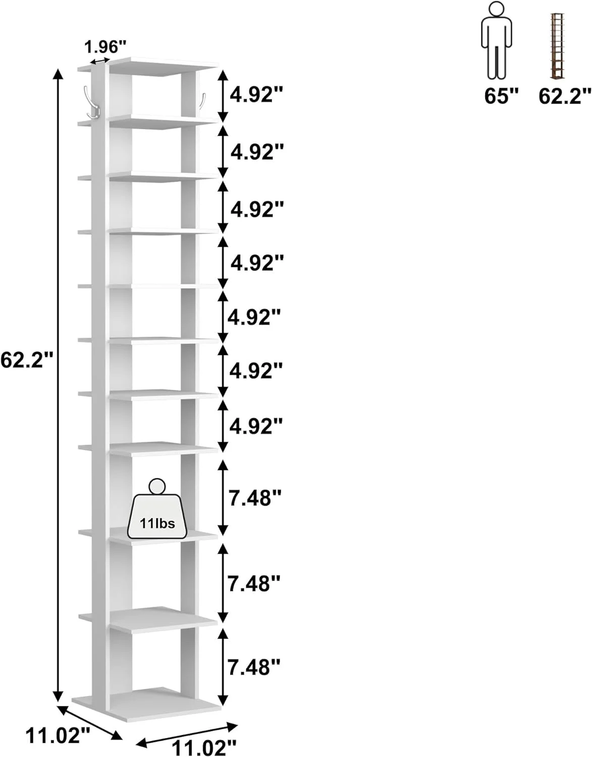 LIHONG 10-Tier Vertical Shoe Rack, Corner Shoe Tower, Slim Shoe Organizer with Two Hanging Hooks, Wooden Shoe Storage Stand for Entryway, Hallway