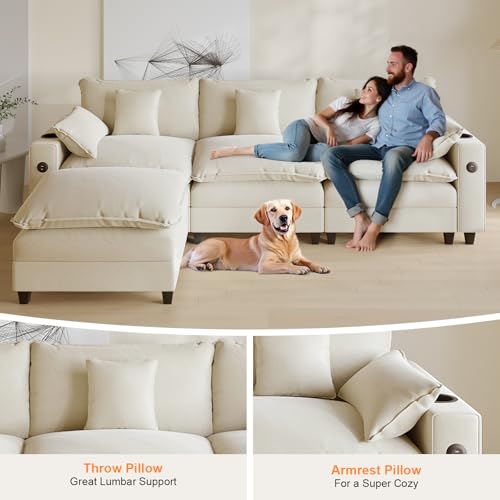 Modular Sectional Sofa, Cloud Couch with Ottoman, Charging Station, Throw Pillows, Cup Holders, Modern Convertible U Shaped Couches for Living Room