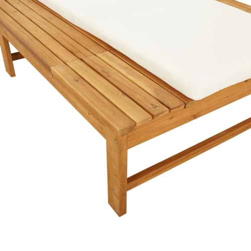 Sun Lounger with Cream White Cushion and Pillow Solid Wood Acacia,Acacia Wood Sun Lounger with Adjustable Backrest for Patio and Garden Relaxation