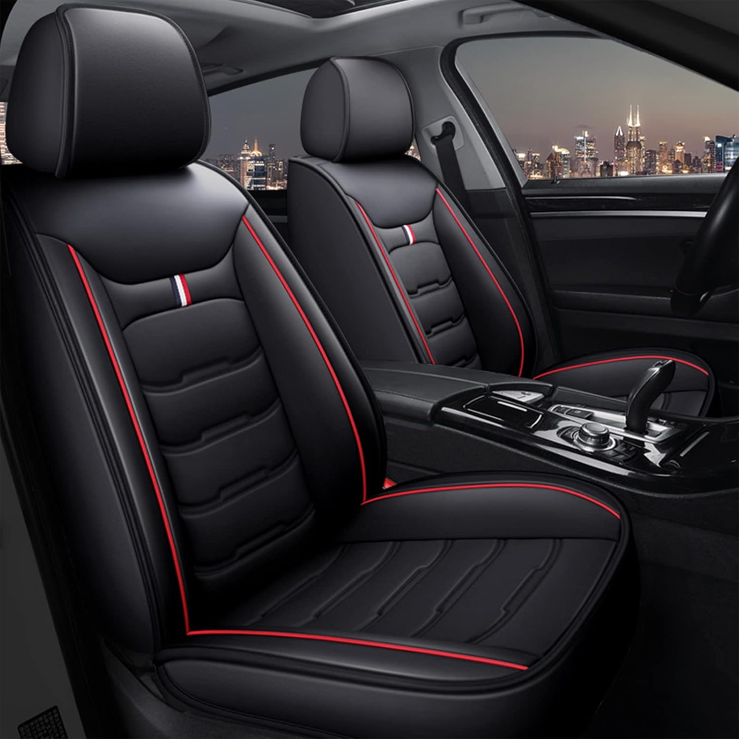 TYFYB Universal 5 Seats Wearproof PU Leather Car Seat Cover Full Set Seat Pad Protector Set Front + Rear Cushions w/Pillows Black/Beige